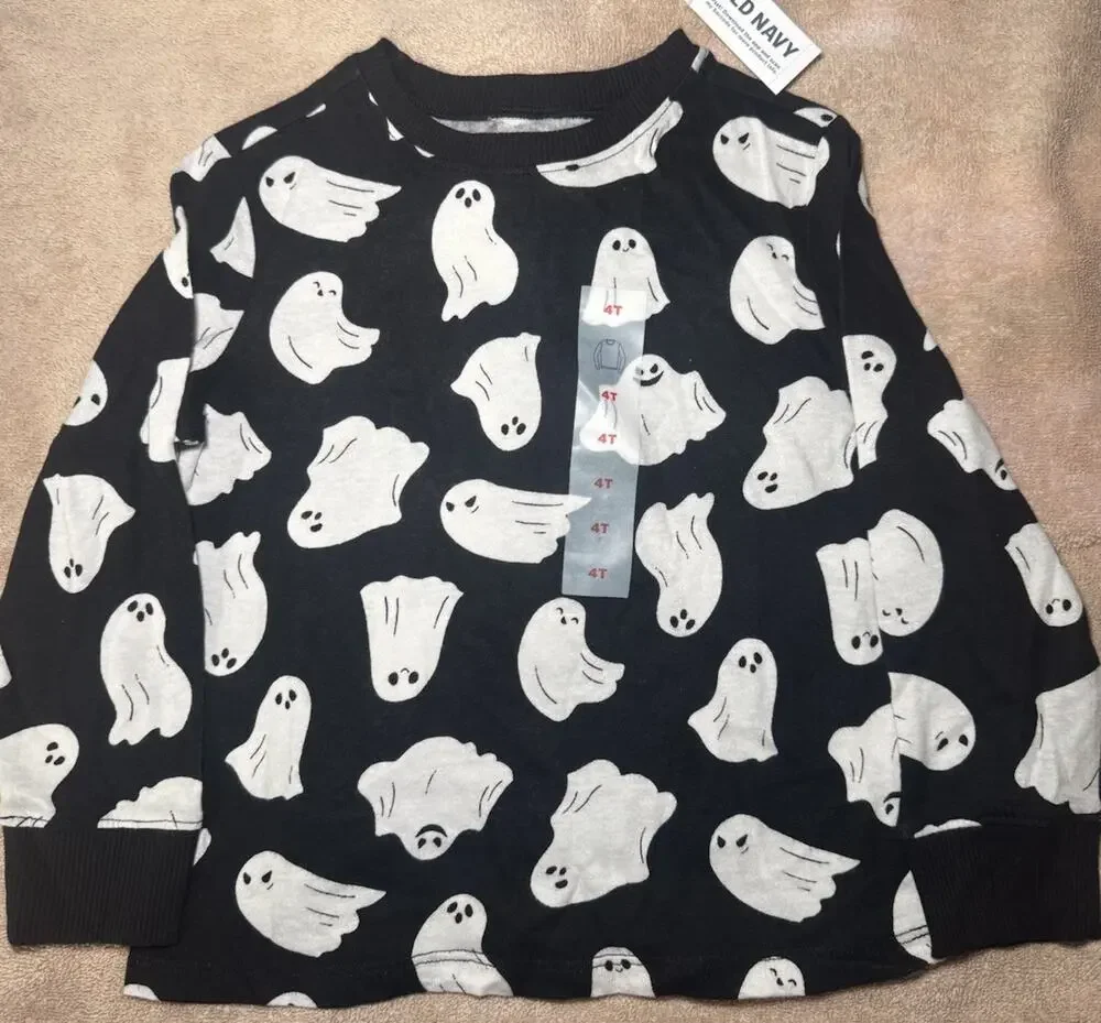 Old Navy Long Sleeve T-Shirt Unisex Size 4T Black with Ghost Graphic Print NWT